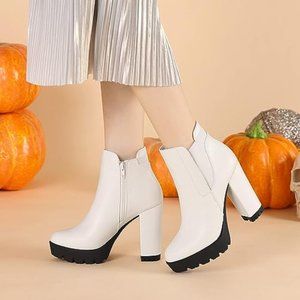 Allegra K Women's Chunky High Heel Platform Zipper Chelsea Boots